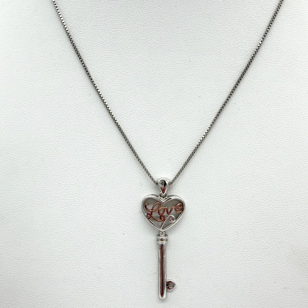 925 Sterling Silver Love Heart Key Pendant Necklace Two Tone Box Chain 18"